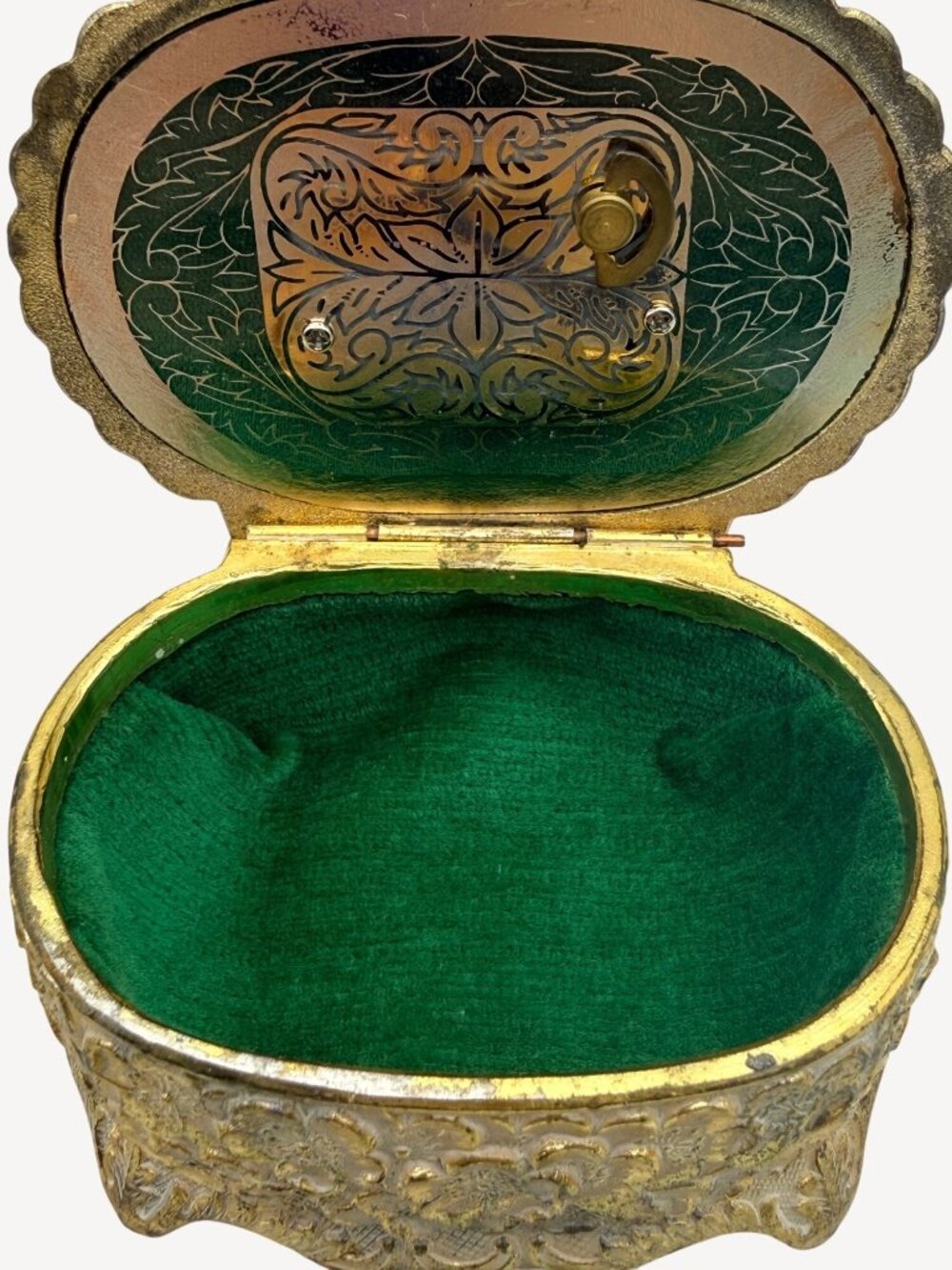 VTG Mele Musical Trinket Jewelry Box Sankyo Gold Filigree Green Velvet Japan - Picture 3 of 10